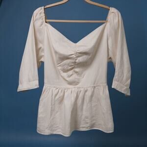 NY&C Top Peasant White Tie Back SZ LG 100% Cotton Double V Neck Peplum Boho